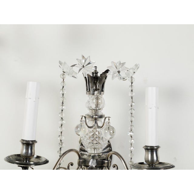 Silver 1920s Metal and Crystal Two-Arm Wall Sconces with Beads and Rosettes - a Pair For Sale - Image 8 of 8