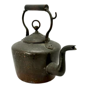 Unusual Antique 1870s English Maker Copper Tea Kettle With Ring Finial Lid and Hook Handle Hanger Design