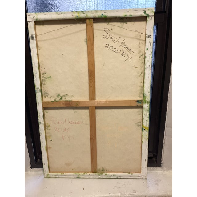 The piece is saturated with vibrant greens, yellows, reds, blues, and purples, built up in thick, heavily textured oil...