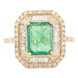 Bewitching Elate Ring With Emerald & Double Halo Diamonds Size 7 For Sale