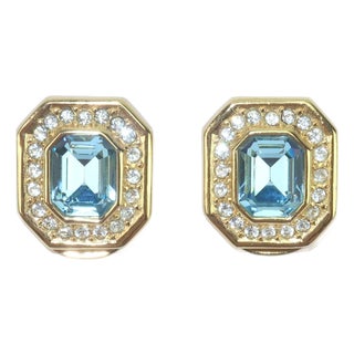 Christian Dior Blue Crystal & Rhinestone Gold Plated Earrings, 1980's For Sale