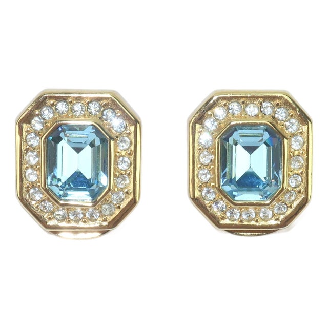 Christian Dior Blue Crystal & Rhinestone Gold Plated Earrings, 1980's For Sale
