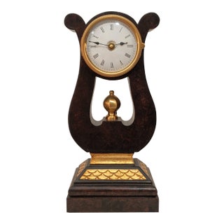 Contemporary Neiman Marcus Wood & Gilt Harp / Lyre Mantle Clock, Made in Italy For Sale