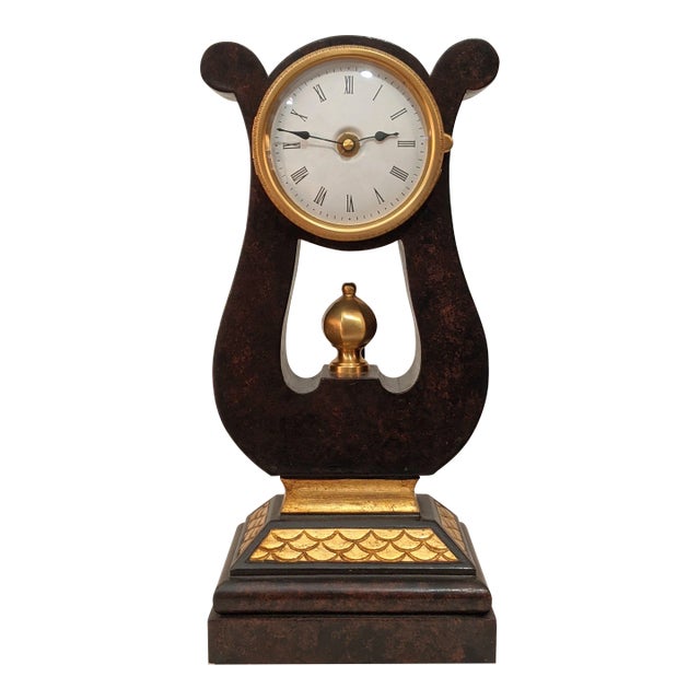 Contemporary Neiman Marcus Wood & Gilt Harp / Lyre Mantle Clock, Made in Italy For Sale