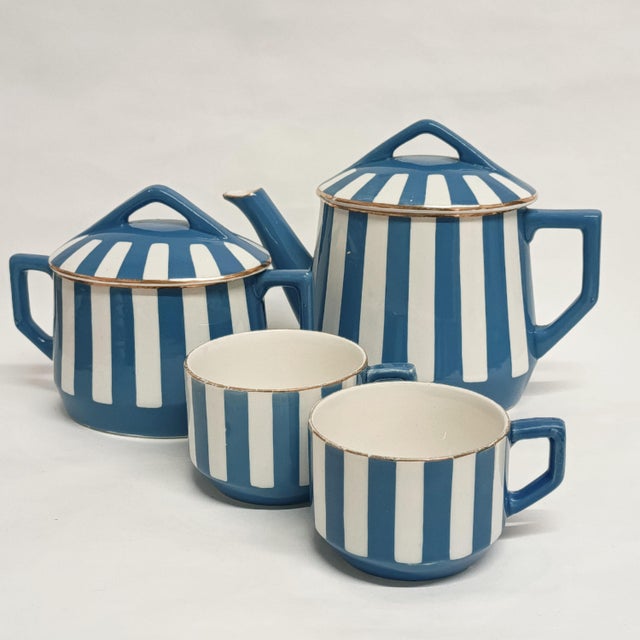 Lovely striped teaset from the 1930's art deco era, made by Sarreguemines fine ceramicist. The white and medium blue...