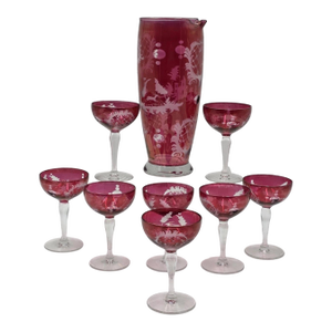 Antique Edwardian Wine Cranberry Glass Engraved Etched & Pitcher - 9pcs