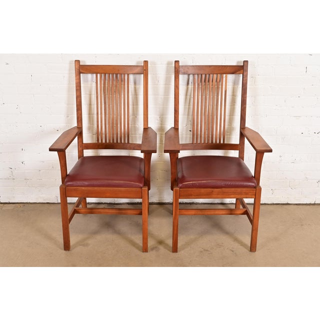 Mission Stickley Mission Arts & Crafts Cherry Wood Spindle Back Armchairs, Pair For Sale - Image 3 of 12