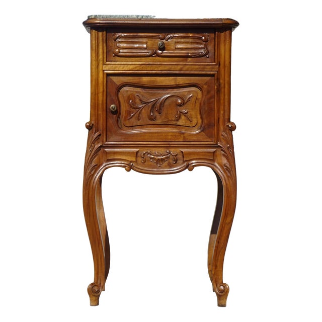 Antique Louis XV Style Walnut Bedside Table with Marble Top, 1950s For Sale