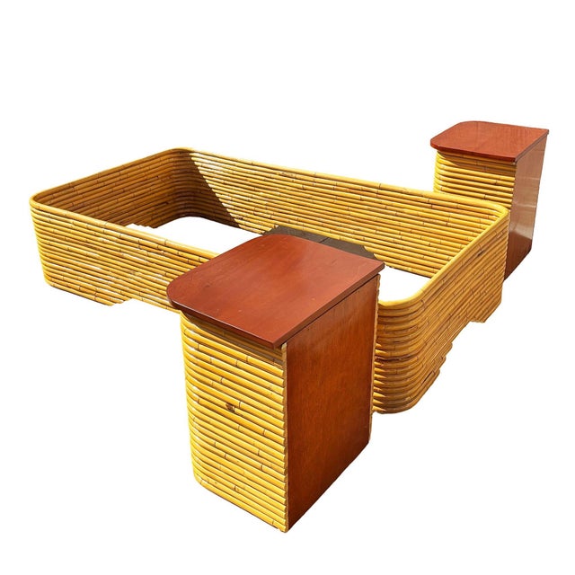 Restored Frankl Style Full Stacked Rattan Bed Frame W/ Night Stands Bedroom Set For Sale - Image 4 of 10