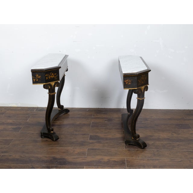 Wood English Chinoiserie Black and Gold Console Tables with White Marble Tops, a Pair For Sale - Image 7 of 12