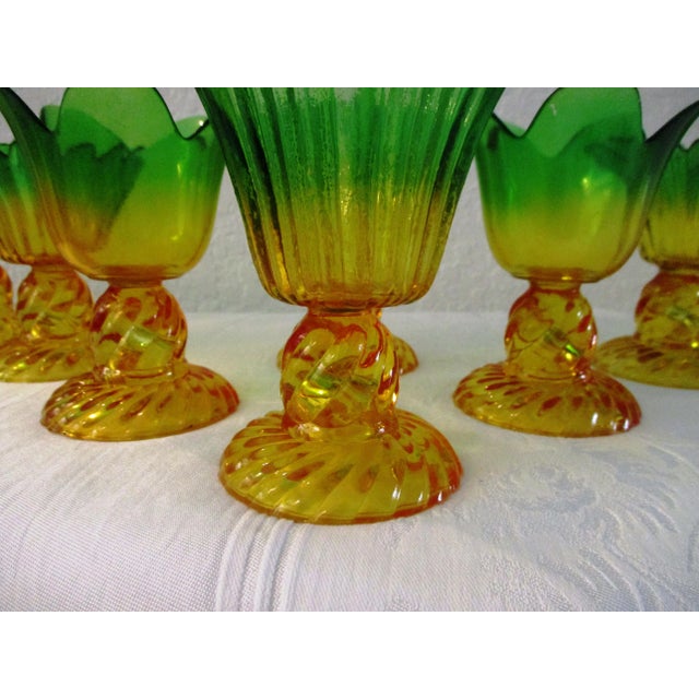 Shabby Chic Vintage Marigold & Green Flash Glass Flower Dessert Glasses, S/10 For Sale - Image 3 of 7