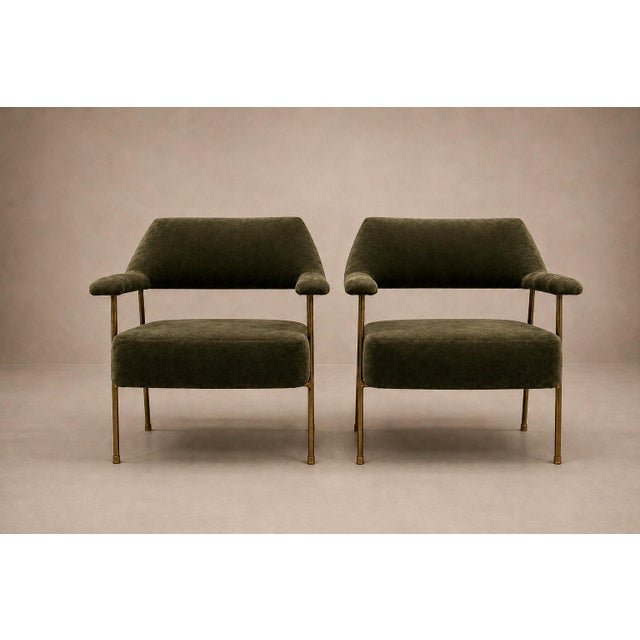 Brazilian Modern Pair of Armchairs in Aged Brass & Olive Green Mohair by Joaquim Tenreiro, 1950s For Sale - Image 13 of 17