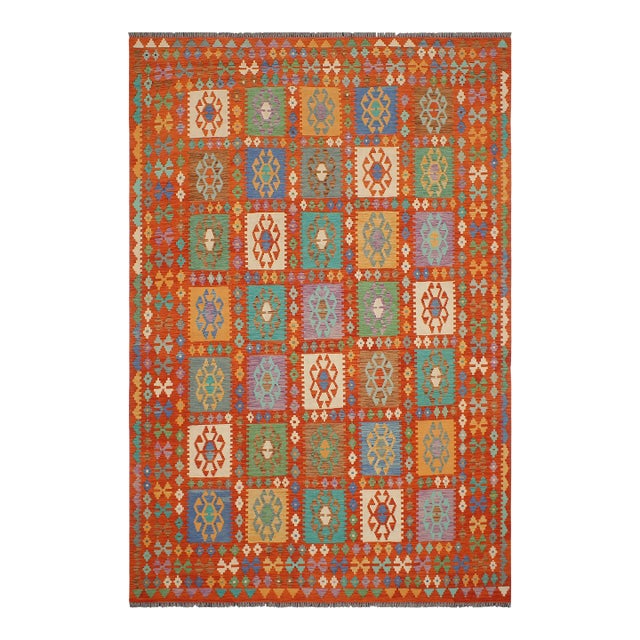 1990s 1990s Tribal Kilim Rust Blue Wool Rug - 8'2" X 9'11" For Sale