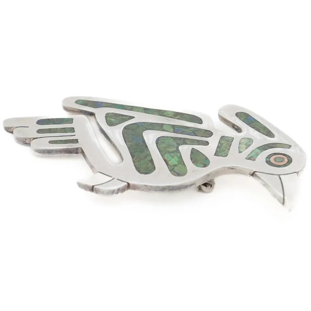 Late 20th Century Vintage Mexican Sterling & Copper Mixed Metals Bird Brooch With Azurite Inlay For Sale - Image 5 of 12