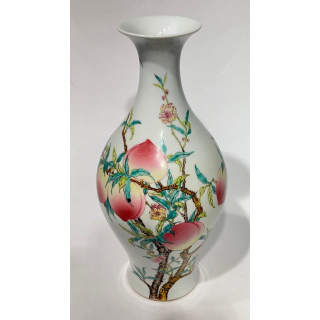 Mid 20th Century Pair of Mid 20th Century Yongzheng Style Chinese Export Porcelain Vases With Peach Tree Designs For Sale - Image 5 of 6
