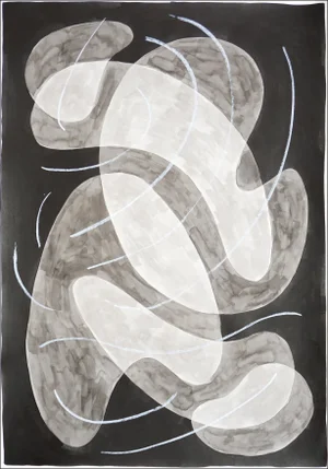 2024, Mid-Century Modern Shapes Painting of Black and White Overlapping Forms, India Ink and Oil Crayon on Paper by Ryan Rivadeneyra