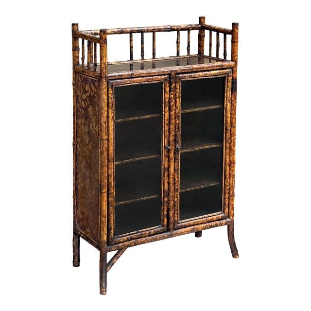 English Bamboo Bookcase Cabinet With Gallery Top and Two Glazed Doors For Sale