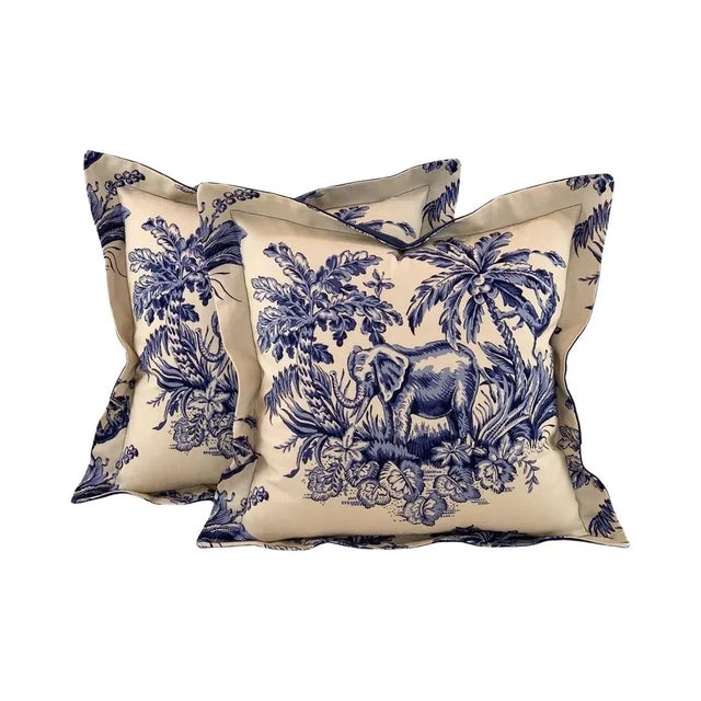 2020s P Kaufmann Braemore Blue & Cream Botanical Elephant & Monkey Palm Tree Tropical Pillow Covers- Pair For Sale - Image 5 of 5