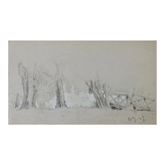 Small Antique Rustic Bridge & Stream Pencil Drawing For Sale