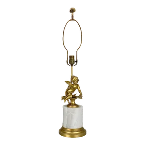 Vintage Italian Rococo Gold Gilded Cherub Onyx Table Lamp