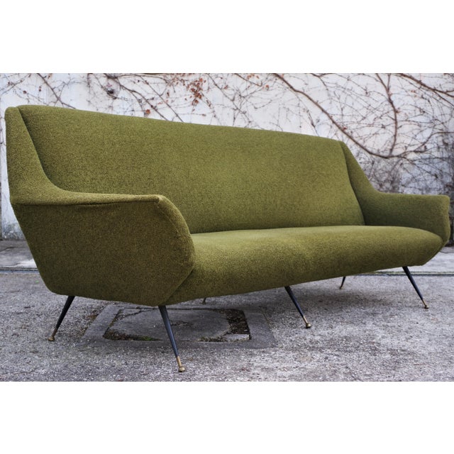 Curved Sofa for Minotti by Gigi Radice, green cotton and wool, 6 brass feet, 50s.