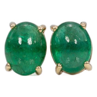 3.7Ct Zambian Emerald Cabochon Solitaire Stud Earrings in Solid 14k Gold, 9x7mm For Sale