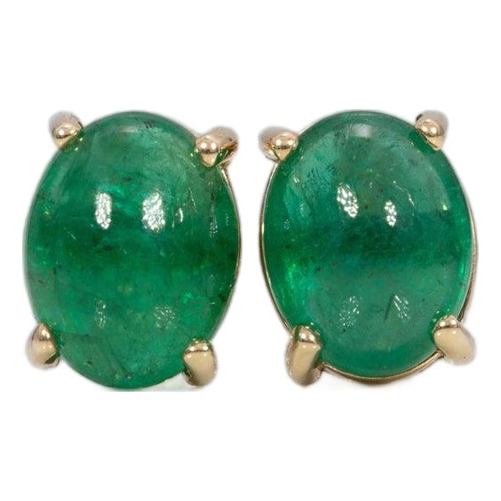 3.7Ct Zambian Emerald Cabochon Solitaire Stud Earrings in Solid 14k Gold, 9x7mm For Sale