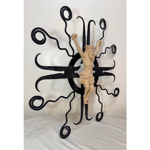 Large Vintage Carved Wood Wrought Iron Religious Wall Crucifix Cross Sculpture For Sale - Image 12 of 14