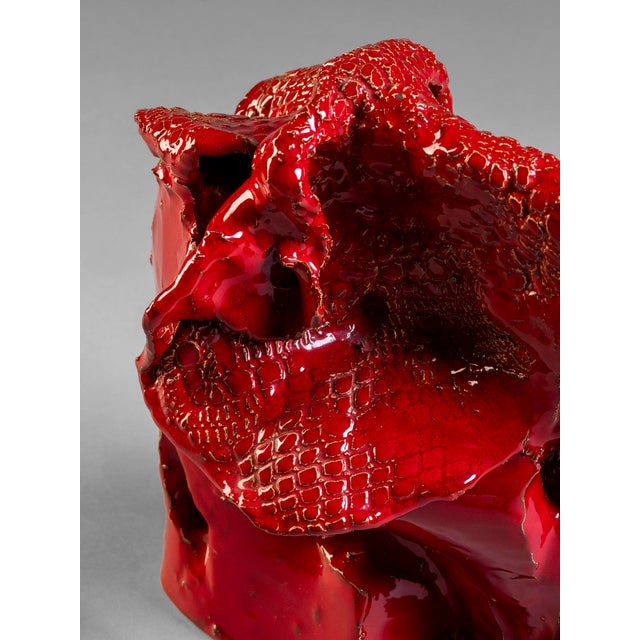 1990s Abstract Sculpture in Red Glazed Ceramic and Gold Leaf by Giacinto Cerone, 1993 For Sale - Image 5 of 13