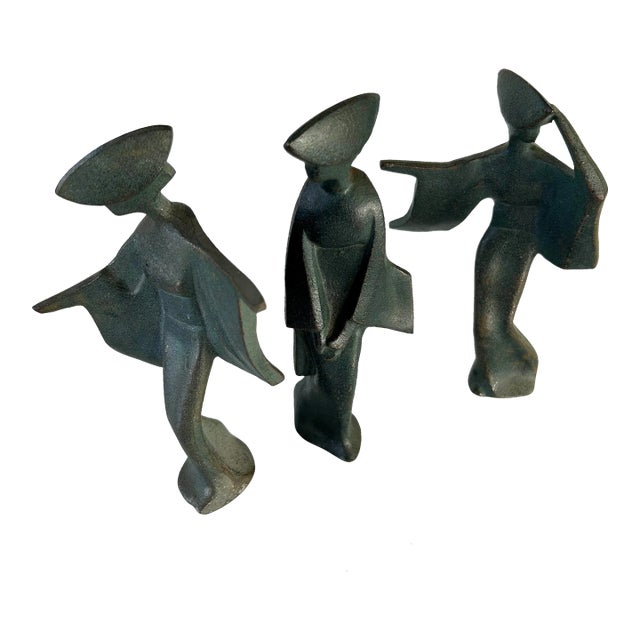 1950s Brutalist Bronze Finish Cast Iron Figures of Japanese Geishas Statuettes - Set of 3 For Sale