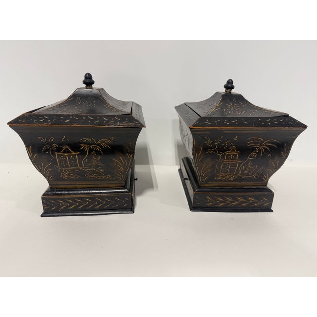 Black Pair, Japanned Chinoiserie Tea Caddies W/ Sifter Drawers, English C. 1830 For Sale - Image 8 of 12