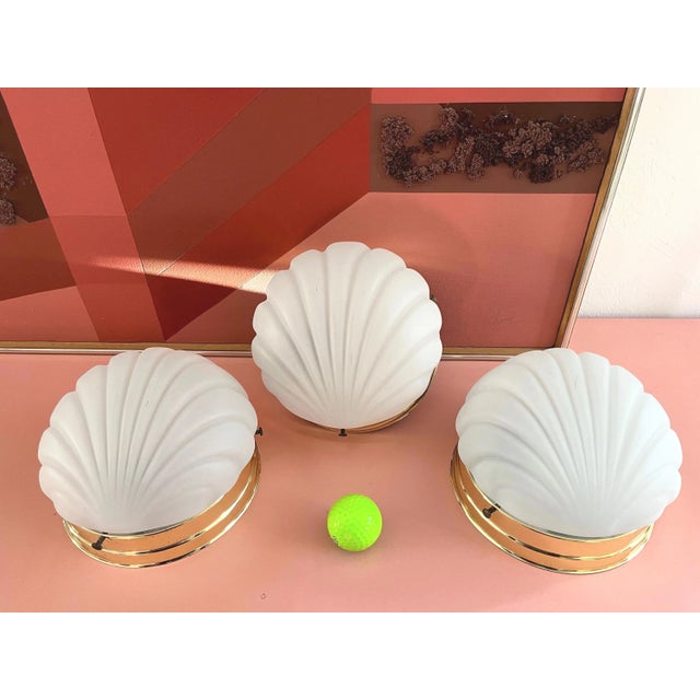 1970s Frosted Glass Scallop Shell Wall Lights - Set of Three For Sale - Image 6 of 18