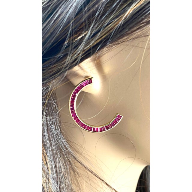 Metal 14 Karat Yellow Gold Trending Crescent Moon Shaped Earrings With Baguette Ruby Weighing 8.00 Carat D - 2 Pieces For Sale - Image 7 of 13