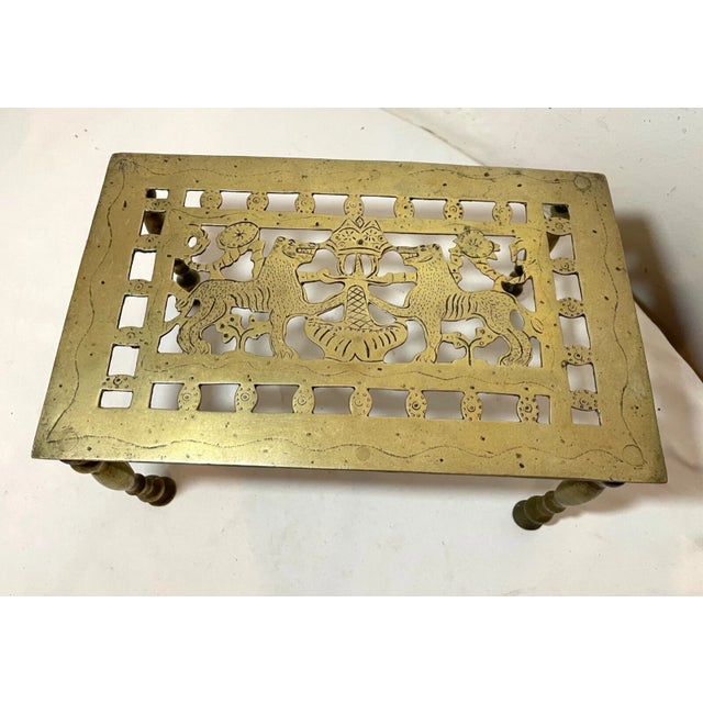 Rare Antique 18th Century Engraved Pierced Brass Lion Fireplace Footman Trivet For Sale - Image 4 of 15