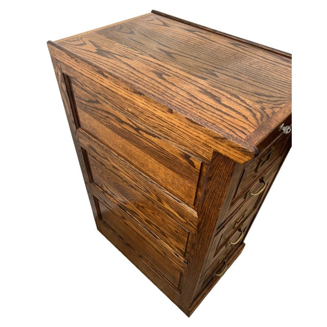 1980s Vintage Tiger Oak File Cabinet Three Locking Drawers Paneled Sides Legal Size For Sale - Image 5 of 11