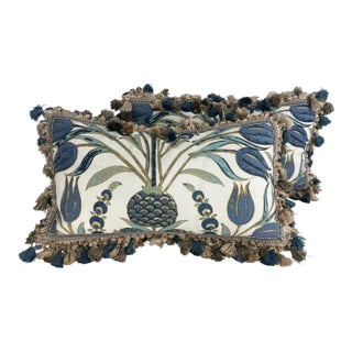 Thibaut Tasseled Hand Printed Linen Lumbar Pillows/ a Pair For Sale