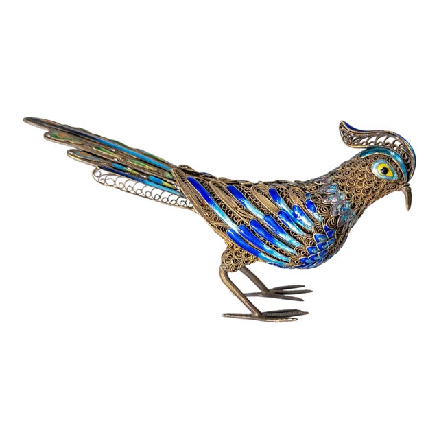 20th Century Chinese Sterling Silver Filigree and Enamel Bird For Sale