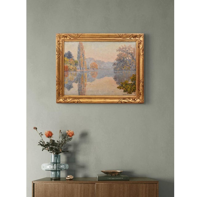 The Antique Landscape Paintings category presents an oil on canvas painting from the early 20th century, depicting a lake...