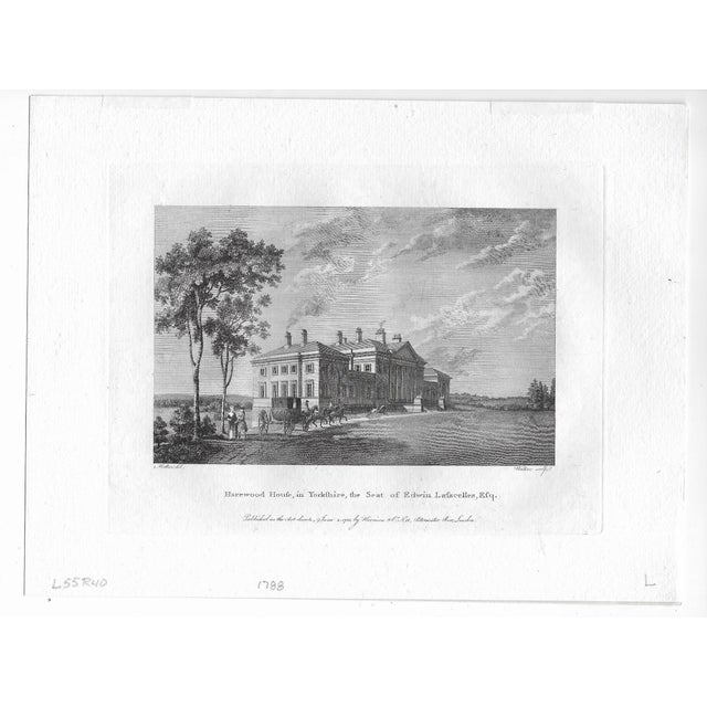 Black and white engraving of Harewood House in Yorkshire in northern England. Text reads "Harewood House, in Yorkshire,...