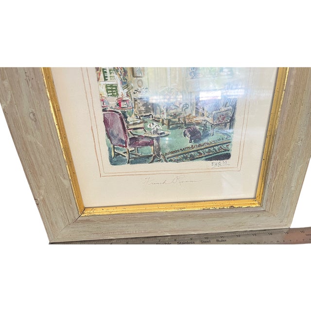 Cream 1935 “French Room” Signed Watercolor Interior Painting in Gilt-Trimmed Wood Frame For Sale - Image 8 of 10