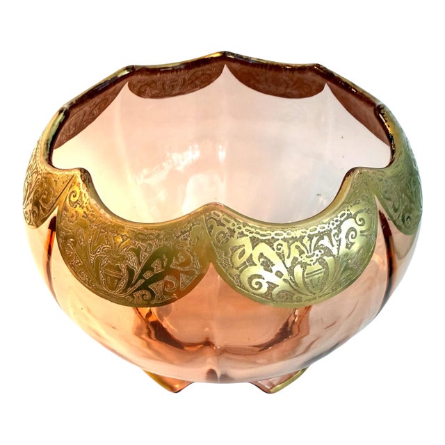 Art Deco Decorative Gold Etched Depression Glass Footed Bowl Centerpiece For Sale