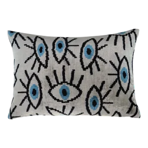 Handmade Silver & Blue Silk Velvet Throw Pillow & Down Insert