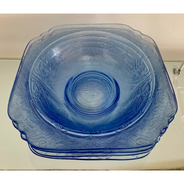 Art Deco 1930s Blue Depression Glass Madrid Rimmed Soup Bowls - Set of 4 For Sale - Image 3 of 6