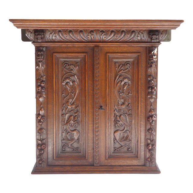 Antique Gothic Hand-Carved Wood Medicine Cabinet For Sale