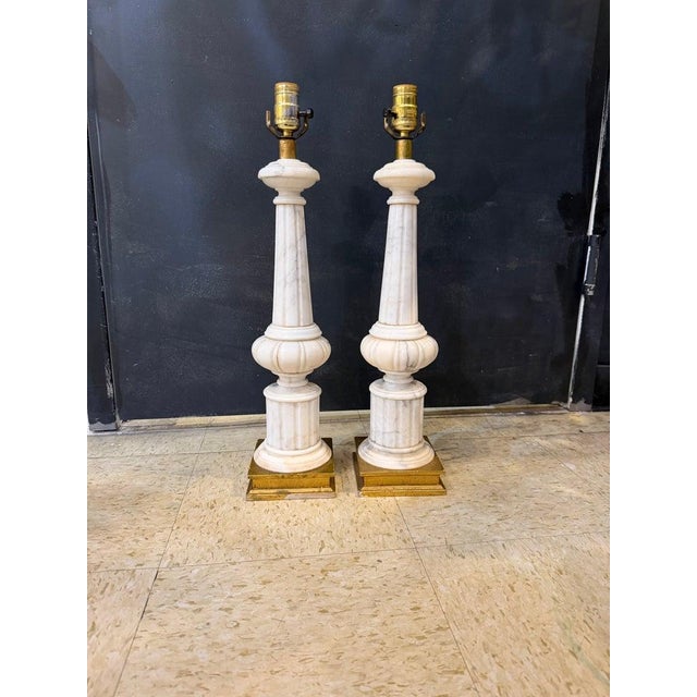 1940 French Carved Alabaster Columns Lamps - a Pair For Sale - Image 4 of 6