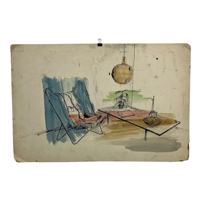 1960s Cool Blue Watercolor Ink on Paper Mod Interior Butterfly Chair + Pendant For Sale