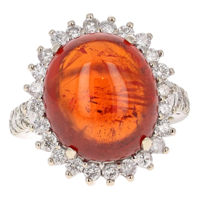 16.69 Carat Cabochon Spessartine Diamond White Gold Cocktail Ring, Size 7 For Sale