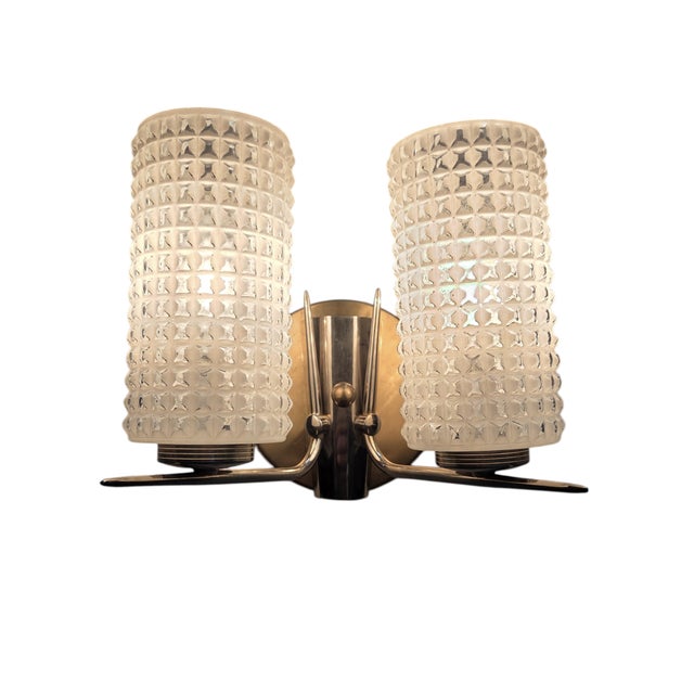 Vintage Enameled Glass, Brass & Nickel Two Light Wall Sconces - Set of Three For Sale - Image 14 of 17