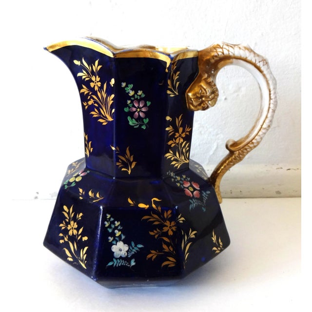 Antique Mason's Staffordshire Ironstone Mazarine Cobalt Blue Pitcher W/ Enamel & Gilt Floral Sprigs Serpent "Hydra" Handle 1813-1820 For Sale - Image 13 of 13
