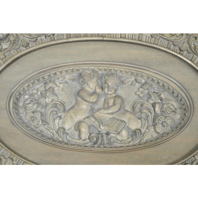 Vintage French Renaissance Walnut Gray Distress Painted Cherub Coffee Table For Sale - Image 4 of 18